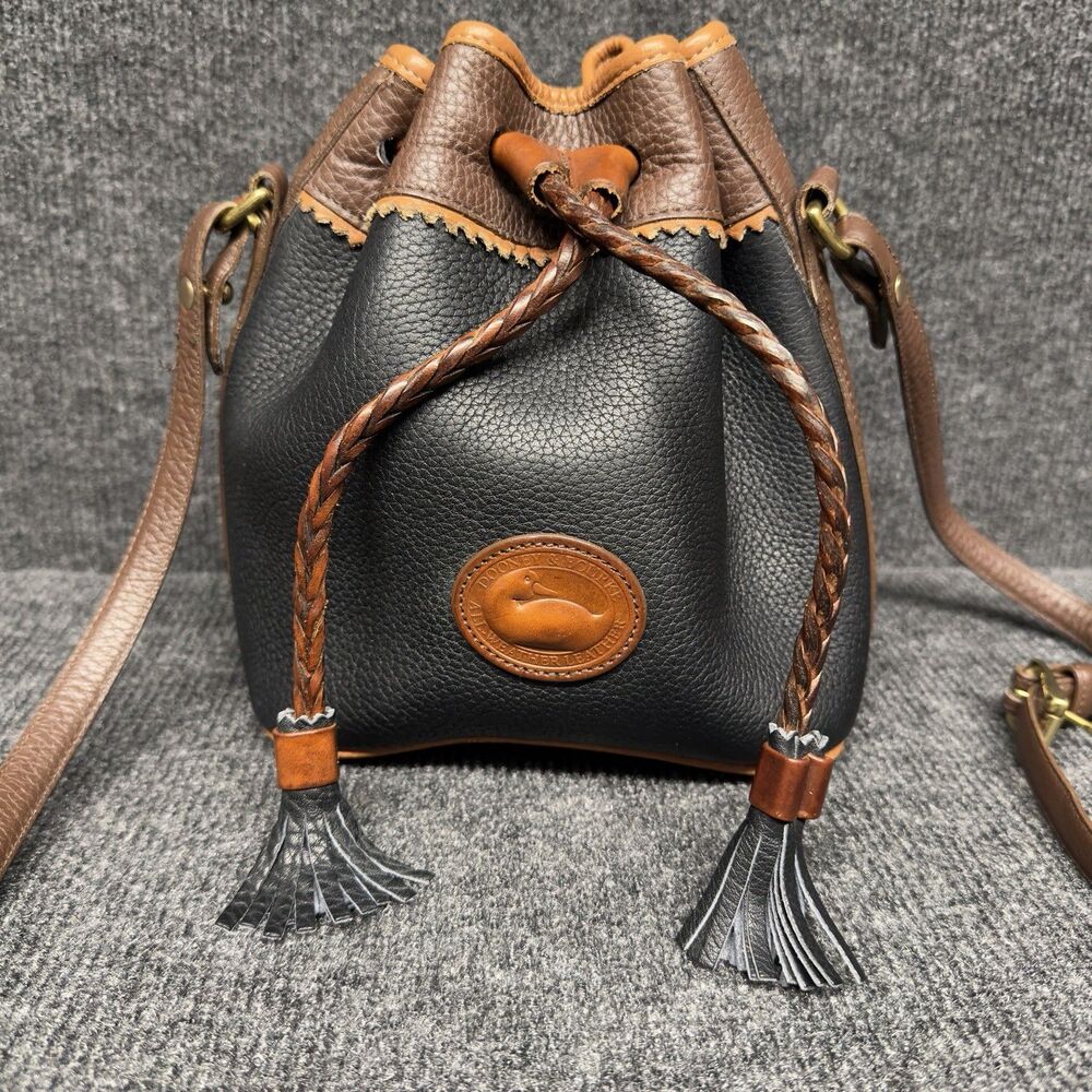 Vintage Dooney & Bourke Drawstring Bucket Handbag Black Leather USA Made
